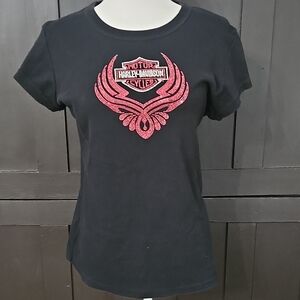Harley-Davidson Black Short-Sleeve Tee with Pink Rhinestone Crest